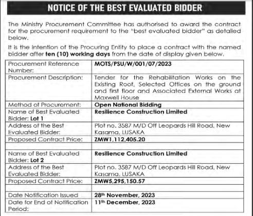 Tender for the Rehabilitation Works on the Existing Roof Selected Offices on the ground and first floor and Associated External Works at Maxwell House job at The Ministry Procurement Committee